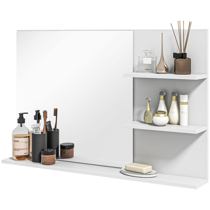 Modern Bathroom Mirror with 2 Side Shelves and Bottom Shelf, Wall Mirror in MDF and Glass, 75x10x48 cm, White