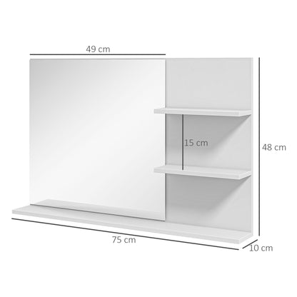 Modern Bathroom Mirror with 2 Side Shelves and Bottom Shelf, Wall Mirror in MDF and Glass, 75x10x48 cm, White