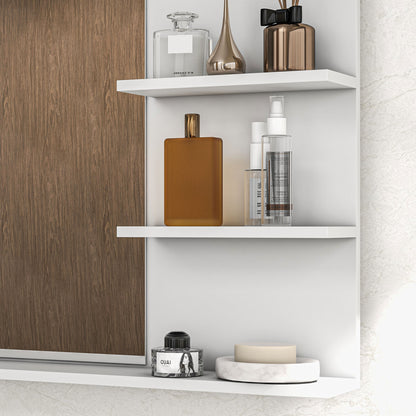 Modern Bathroom Mirror with 2 Side Shelves and Bottom Shelf, Wall Mirror in MDF and Glass, 75x10x48 cm, White