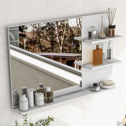 Modern Bathroom Mirror with 2 Side Shelves and Bottom Shelf, Wall Mirror in MDF and Glass, 75x10x48 cm, White