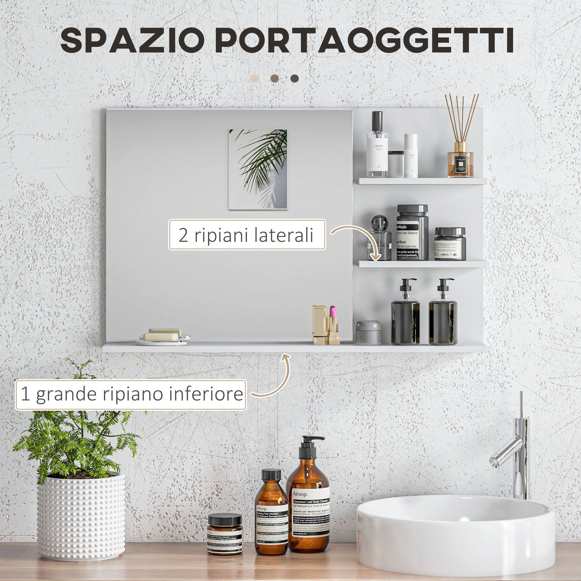 Modern Bathroom Mirror with 2 Side Shelves and Bottom Shelf, Wall Mirror in MDF and Glass, 75x10x48 cm, White