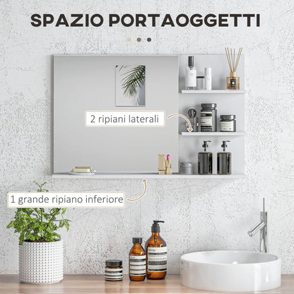 Modern Bathroom Mirror with 2 Side Shelves and Bottom Shelf, Wall Mirror in MDF and Glass, 75x10x48 cm, White