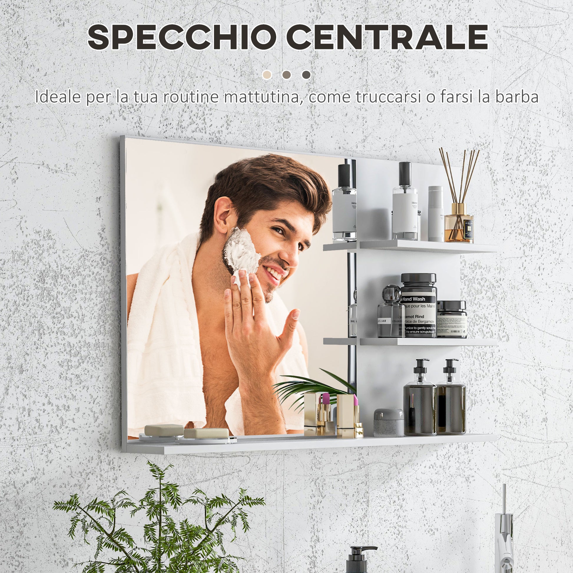 Modern Bathroom Mirror with 2 Side Shelves and Bottom Shelf, Wall Mirror in MDF and Glass, 75x10x48 cm, White