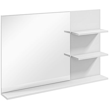 Modern Bathroom Mirror with 2 Side Shelves and Bottom Shelf, Wall Mirror in MDF and Glass, 75x10x48 cm, White