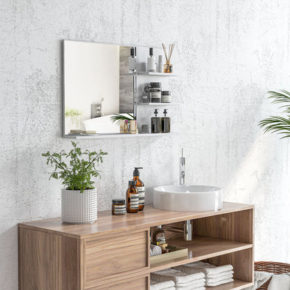 Modern Bathroom Mirror with 2 Side Shelves and Bottom Shelf, Wall Mirror in MDF and Glass, 75x10x48 cm, White
