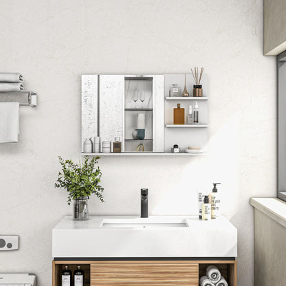 Modern Bathroom Mirror with 2 Side Shelves and Bottom Shelf, Wall Mirror in MDF and Glass, 75x10x48 cm, White