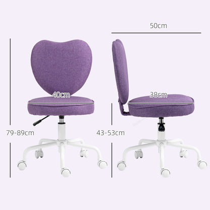 Heart-Shaped Desk Chair, Office Chair with 5 Swivel Wheels and Adjustable Height in Fabric, 40x50x79-89cm, Purple