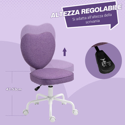 Heart-Shaped Desk Chair, Office Chair with 5 Swivel Wheels and Adjustable Height in Fabric, 40x50x79-89cm, Purple