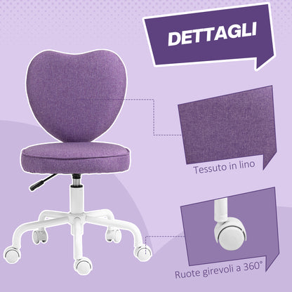 Heart-Shaped Desk Chair, Office Chair with 5 Swivel Wheels and Adjustable Height in Fabric, 40x50x79-89cm, Purple