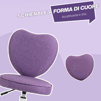 Heart-Shaped Desk Chair, Office Chair with 5 Swivel Wheels and Adjustable Height in Fabric, 40x50x79-89cm, Purple