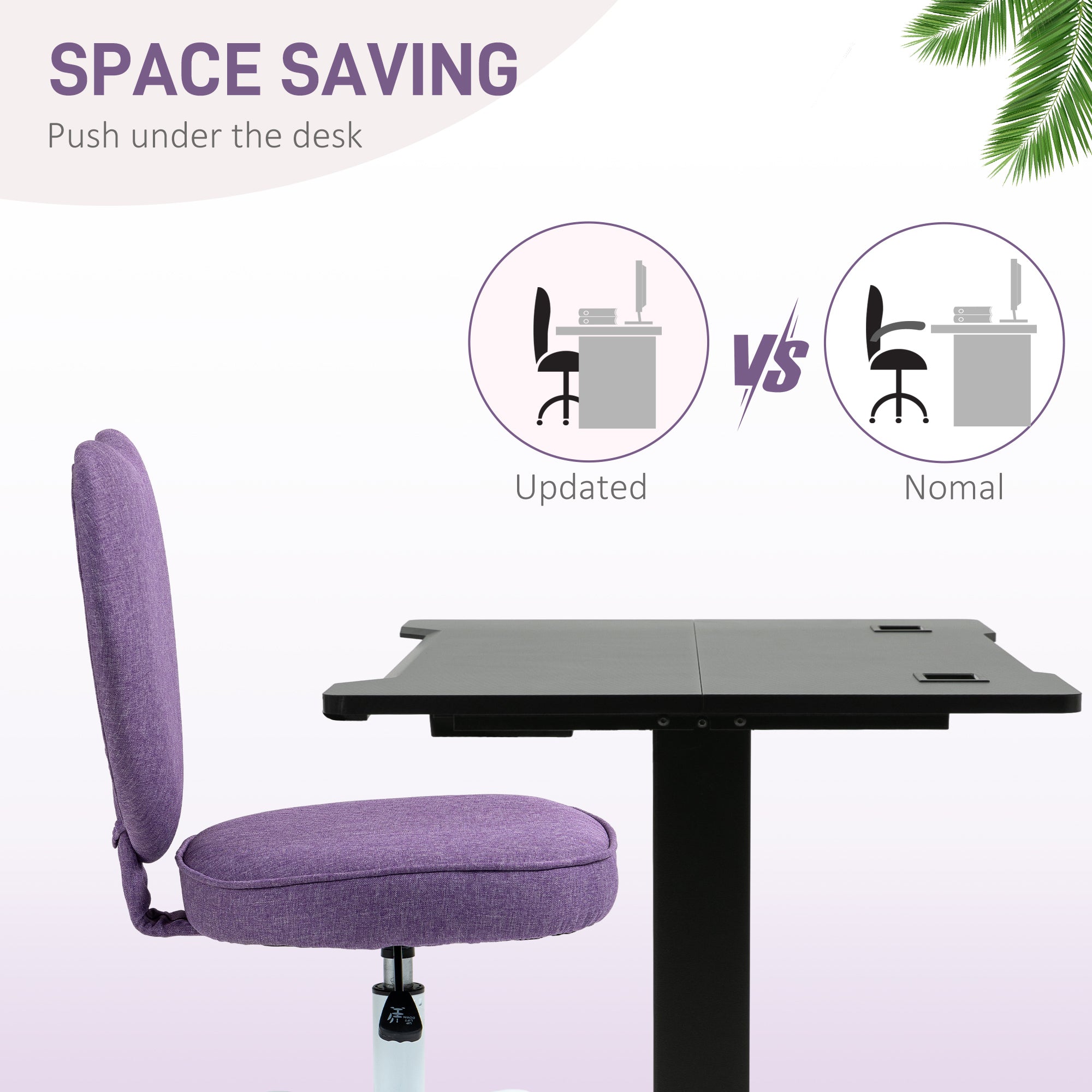 Heart-Shaped Desk Chair, Office Chair with 5 Swivel Wheels and Adjustable Height in Fabric, 40x50x79-89cm, Purple