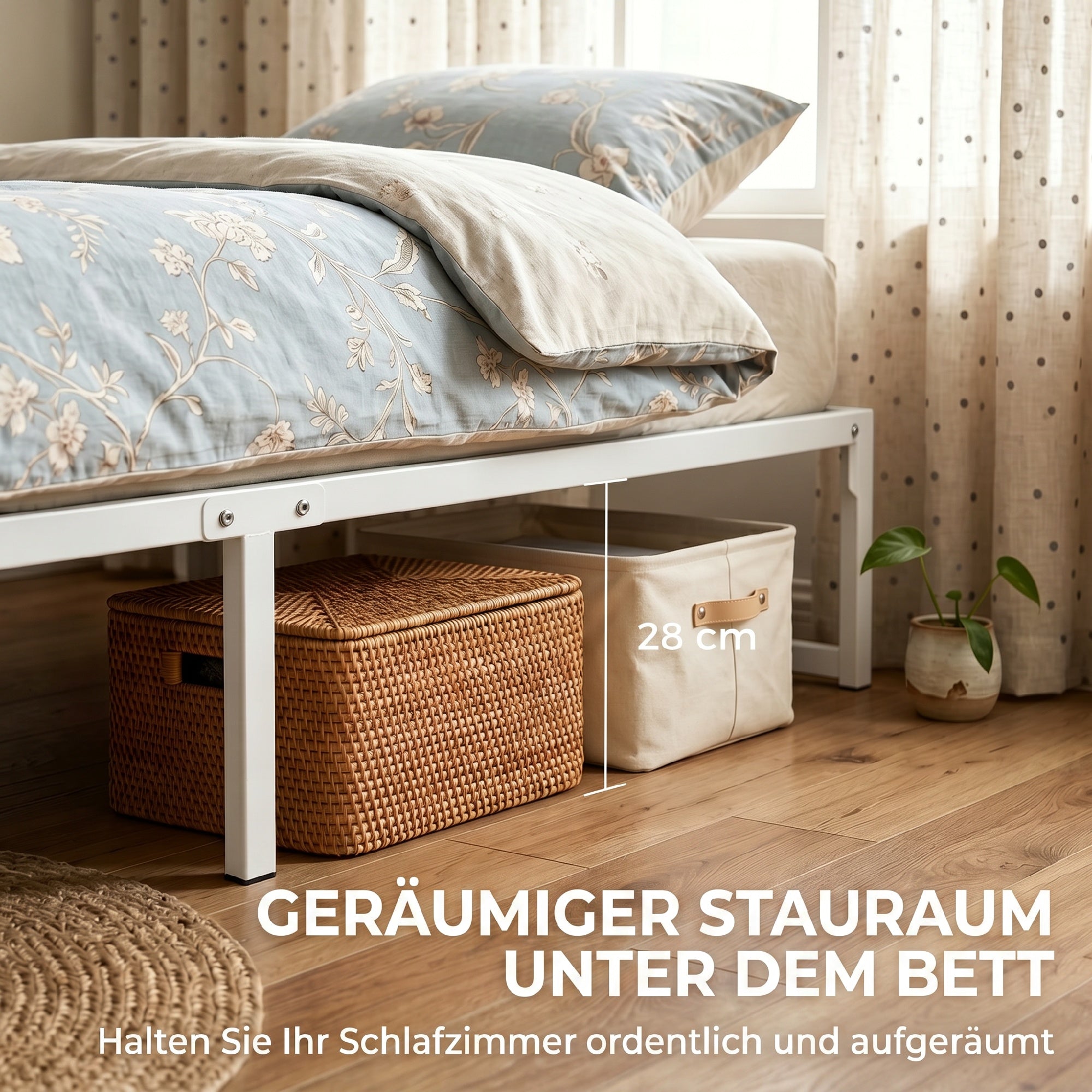 Metal Bed Frame with Under-Bed Storage, 12.8 in Profile, Steel Slats, Quiet & Easy Assembly – Fits 90 x 200 cm (35.4 x 78.7 in) Mattress, White
