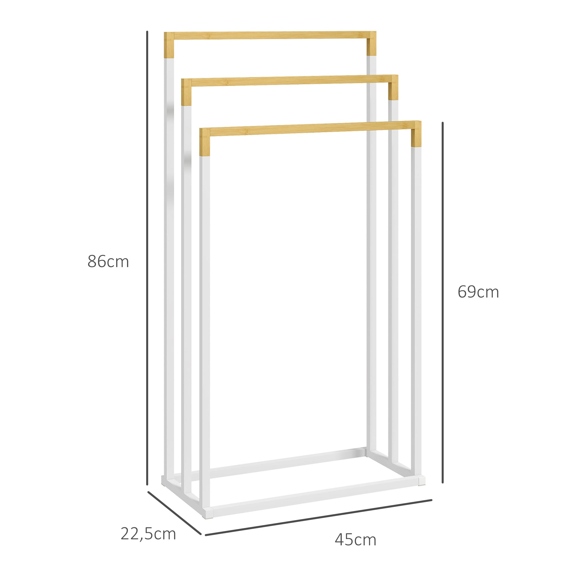 Freestanding Towel Holder, Towel Rack with 3 Towel Bars Bathroom Towel Holder for Bathroom Steel Bamboo White