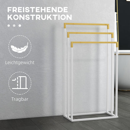 Freestanding Towel Holder, Towel Rack with 3 Towel Bars Bathroom Towel Holder for Bathroom Steel Bamboo White