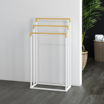 Freestanding Towel Holder, Towel Rack with 3 Towel Bars Bathroom Towel Holder for Bathroom Steel Bamboo White
