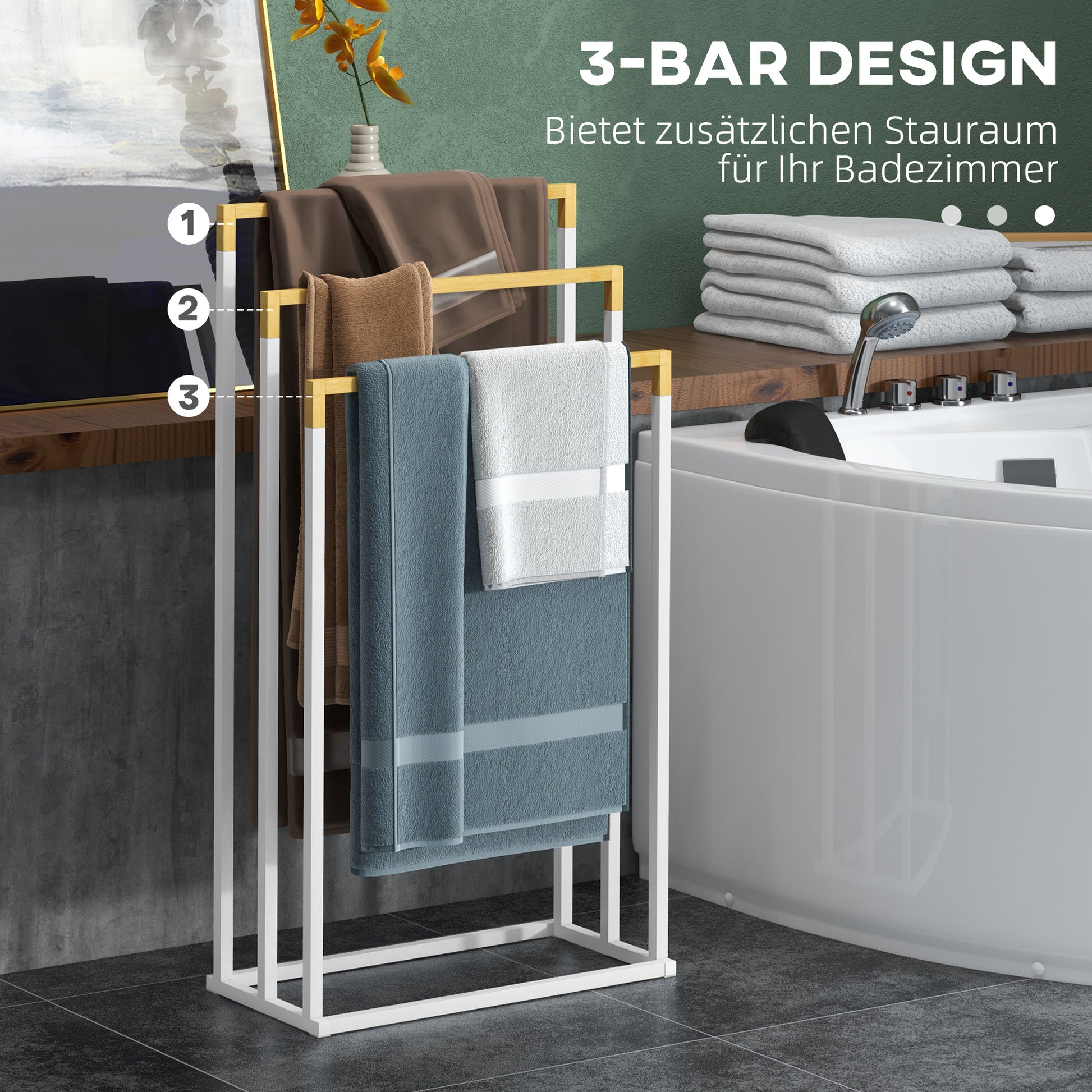 Freestanding Towel Holder, Towel Rack with 3 Towel Bars Bathroom Towel Holder for Bathroom Steel Bamboo White