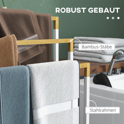 Freestanding Towel Holder, Towel Rack with 3 Towel Bars Bathroom Towel Holder for Bathroom Steel Bamboo White