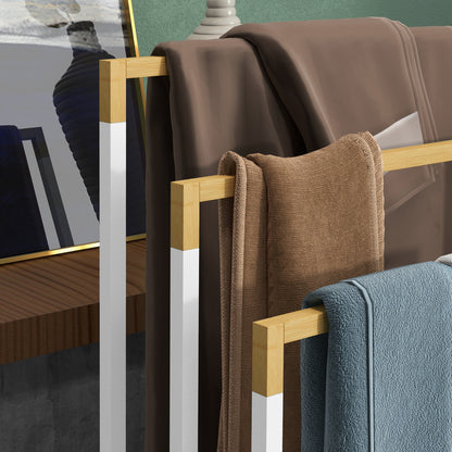 Freestanding Towel Holder, Towel Rack with 3 Towel Bars Bathroom Towel Holder for Bathroom Steel Bamboo White