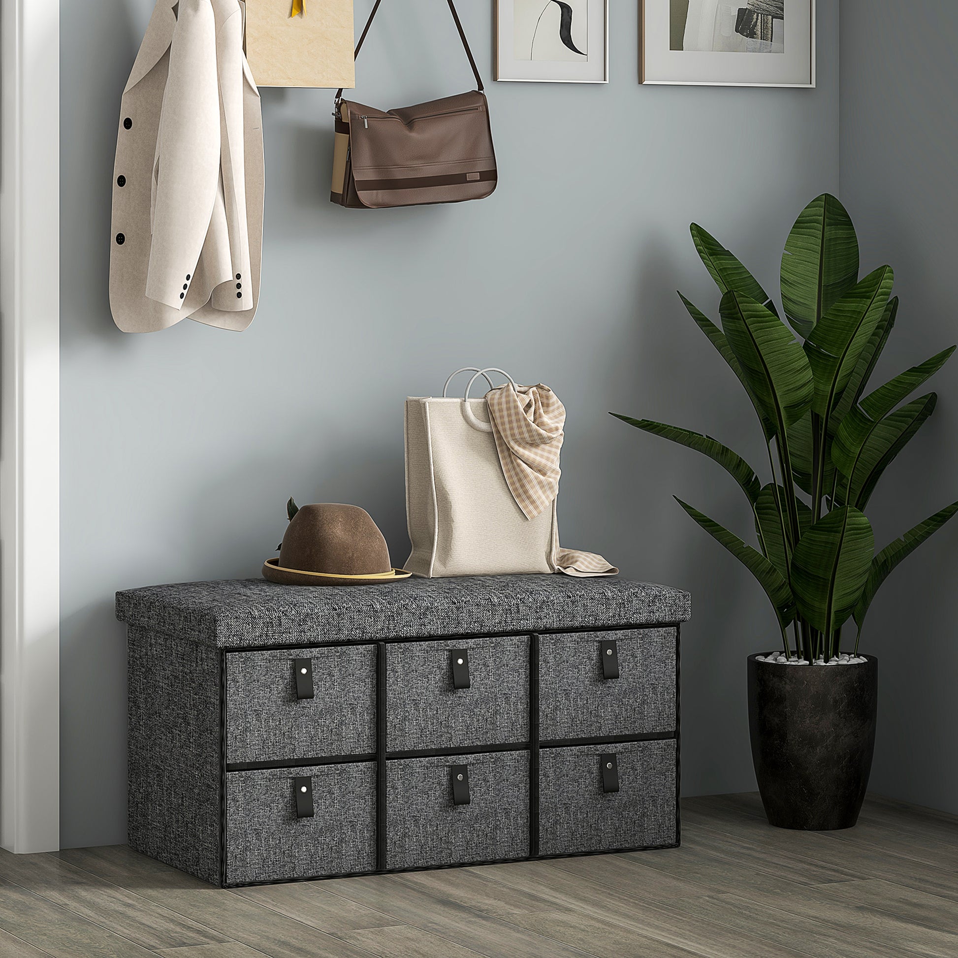 Shoe Bench with 6 Boxes, Seating Bench, Coat Rack Bench with Linen Look, Shoe Chest for 6 Pairs of Shoes, for Hallway, Entryway, Dark Gray, 76.5 x 38 x 38 cm