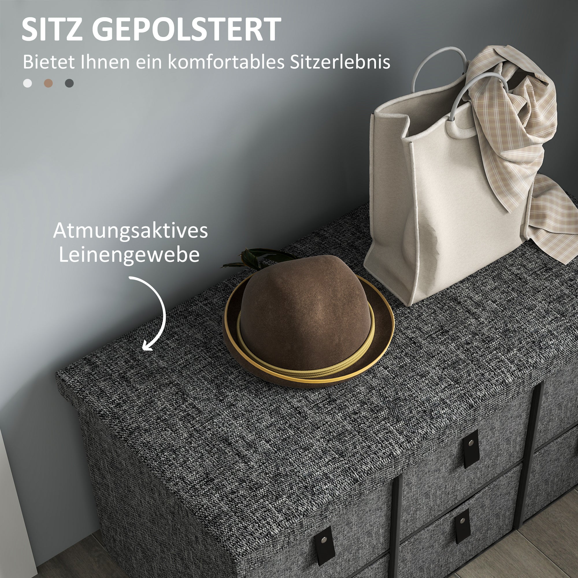 Shoe Bench with 6 Boxes, Seating Bench, Coat Rack Bench with Linen Look, Shoe Chest for 6 Pairs of Shoes, for Hallway, Entryway, Dark Gray, 76.5 x 38 x 38 cm