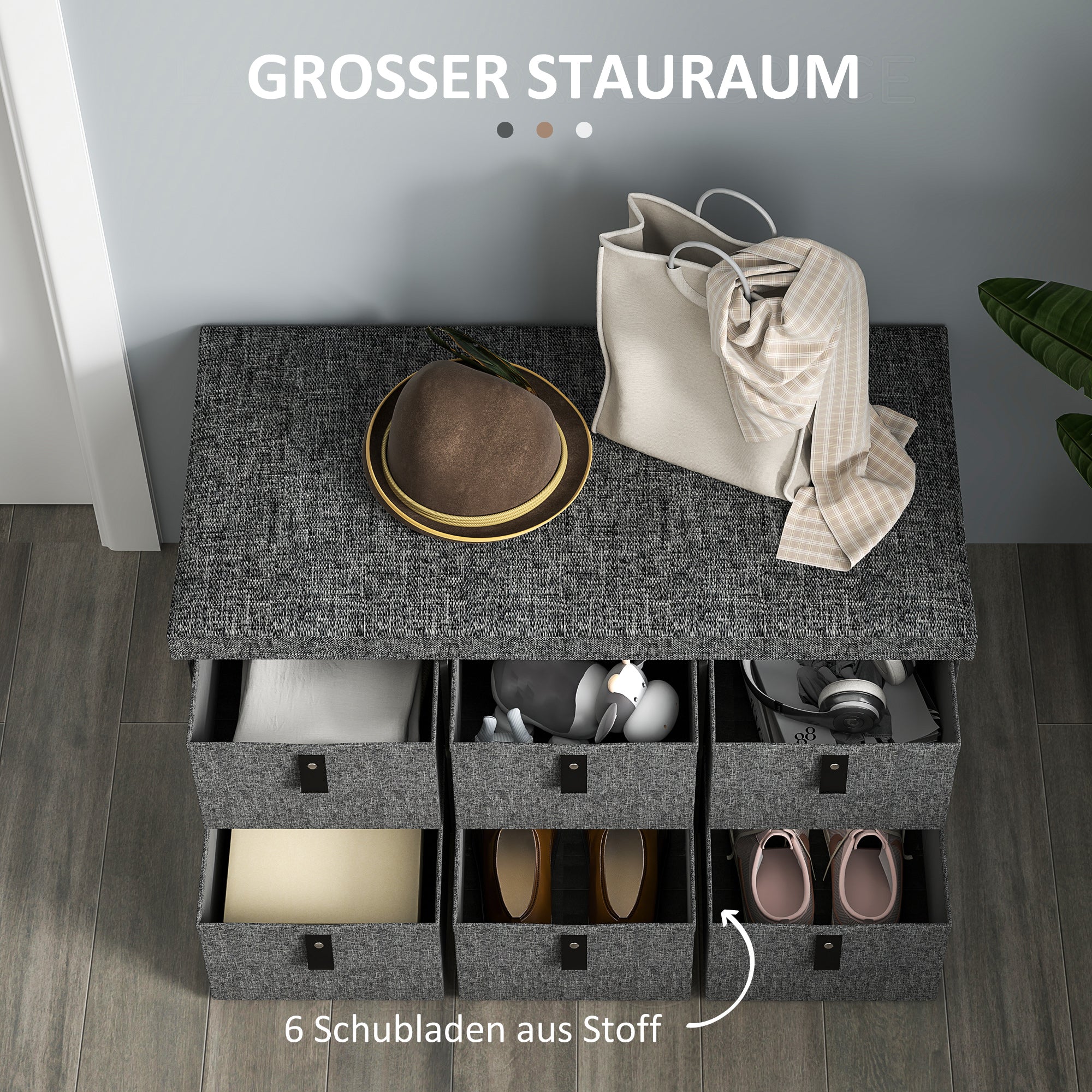Shoe Bench with 6 Boxes, Seating Bench, Coat Rack Bench with Linen Look, Shoe Chest for 6 Pairs of Shoes, for Hallway, Entryway, Dark Gray, 76.5 x 38 x 38 cm