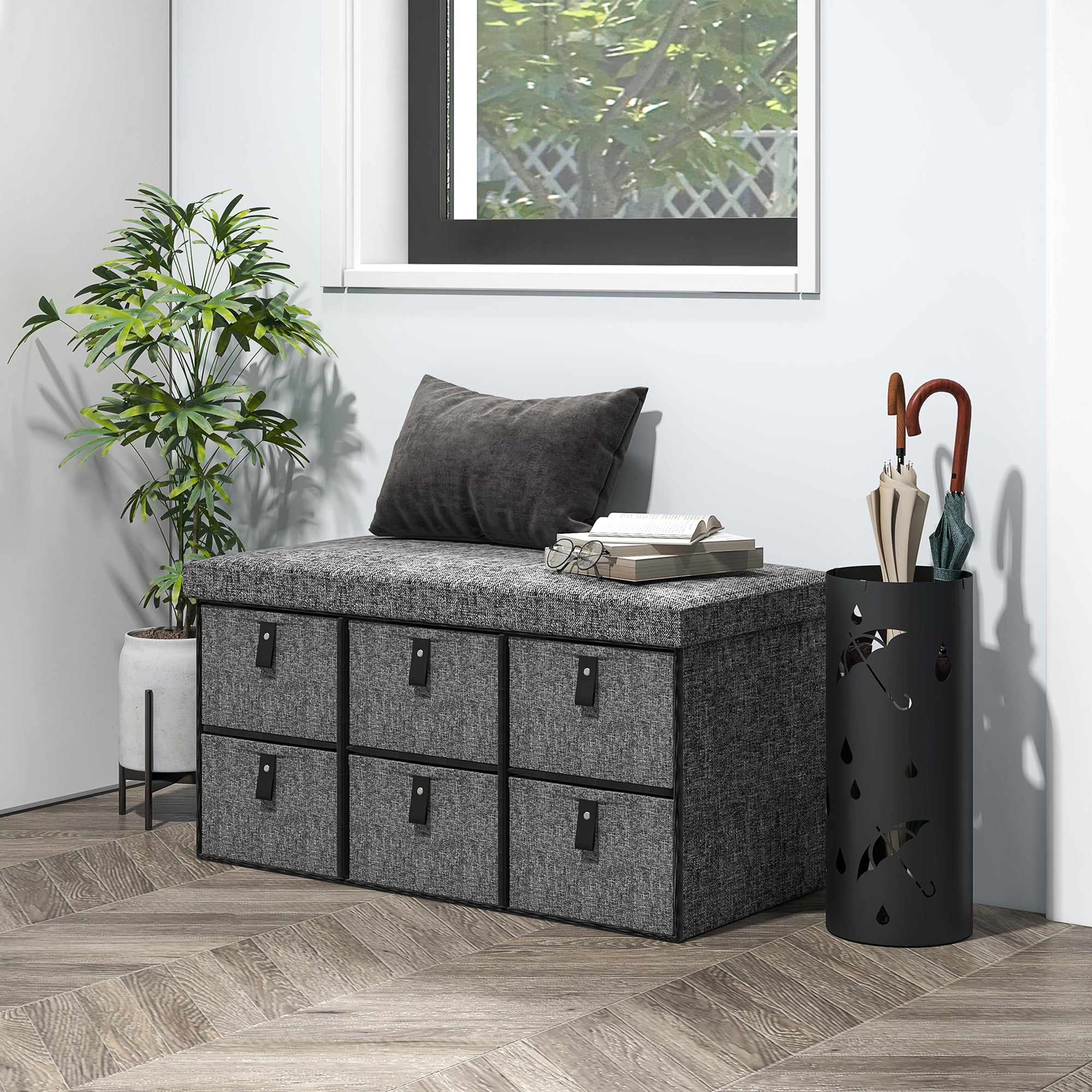 Shoe Bench with 6 Boxes, Seating Bench, Coat Rack Bench with Linen Look, Shoe Chest for 6 Pairs of Shoes, for Hallway, Entryway, Dark Gray, 76.5 x 38 x 38 cm