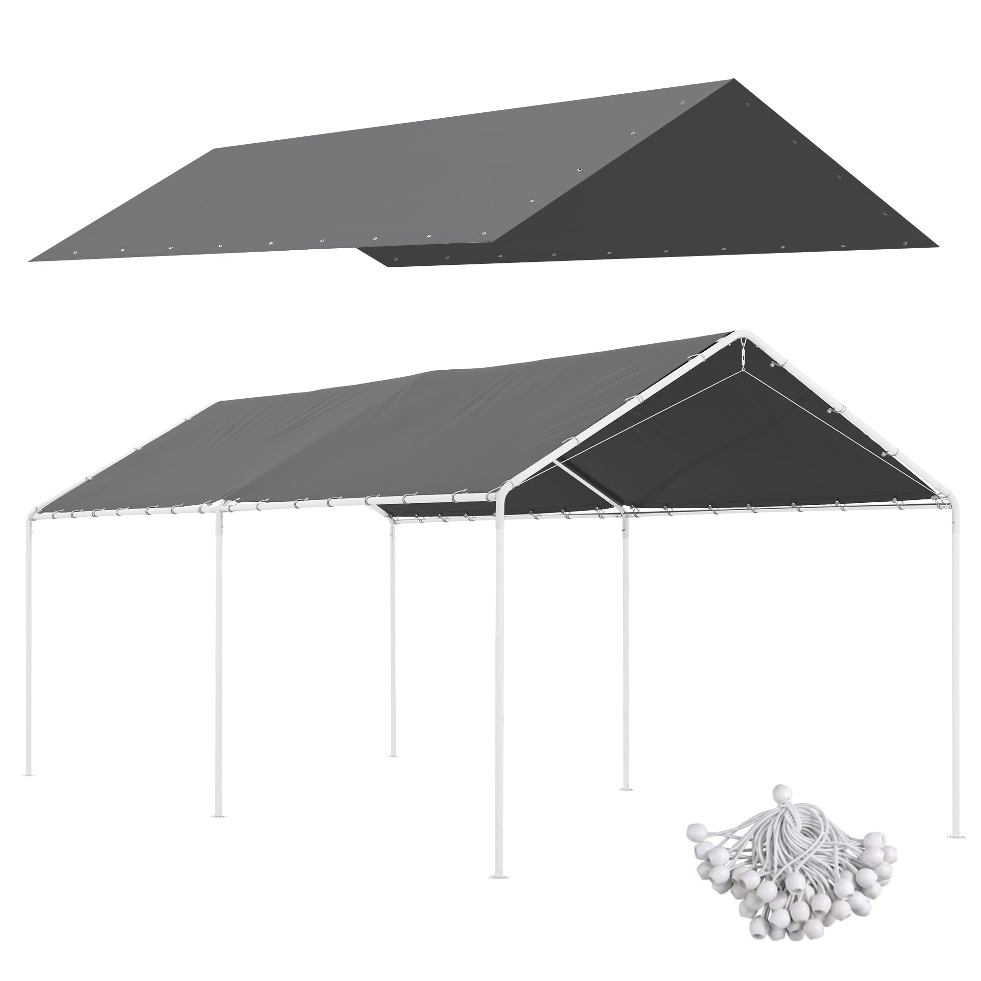 Replacement Canopy Cover for 3 x 6m Carport Car Awning Replacement Tarp with 48 White Ball Bungees (cover only, frame not included)