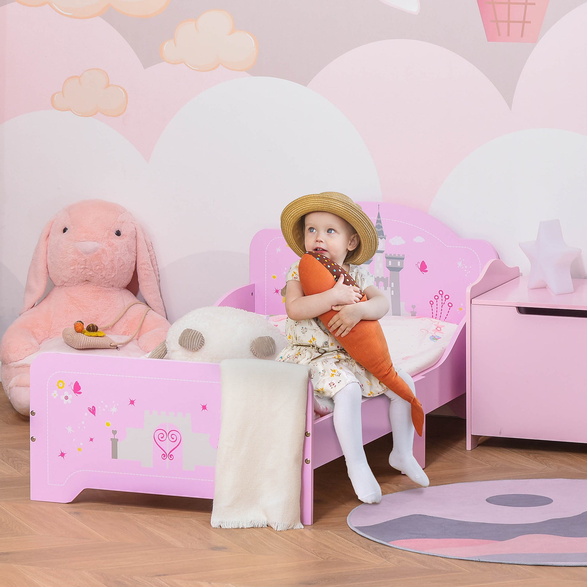 Children's Bed for +3 Years Kids Wooden Bed with Safety Rails Max Load 110 lbs 143x73x60 cm Pink