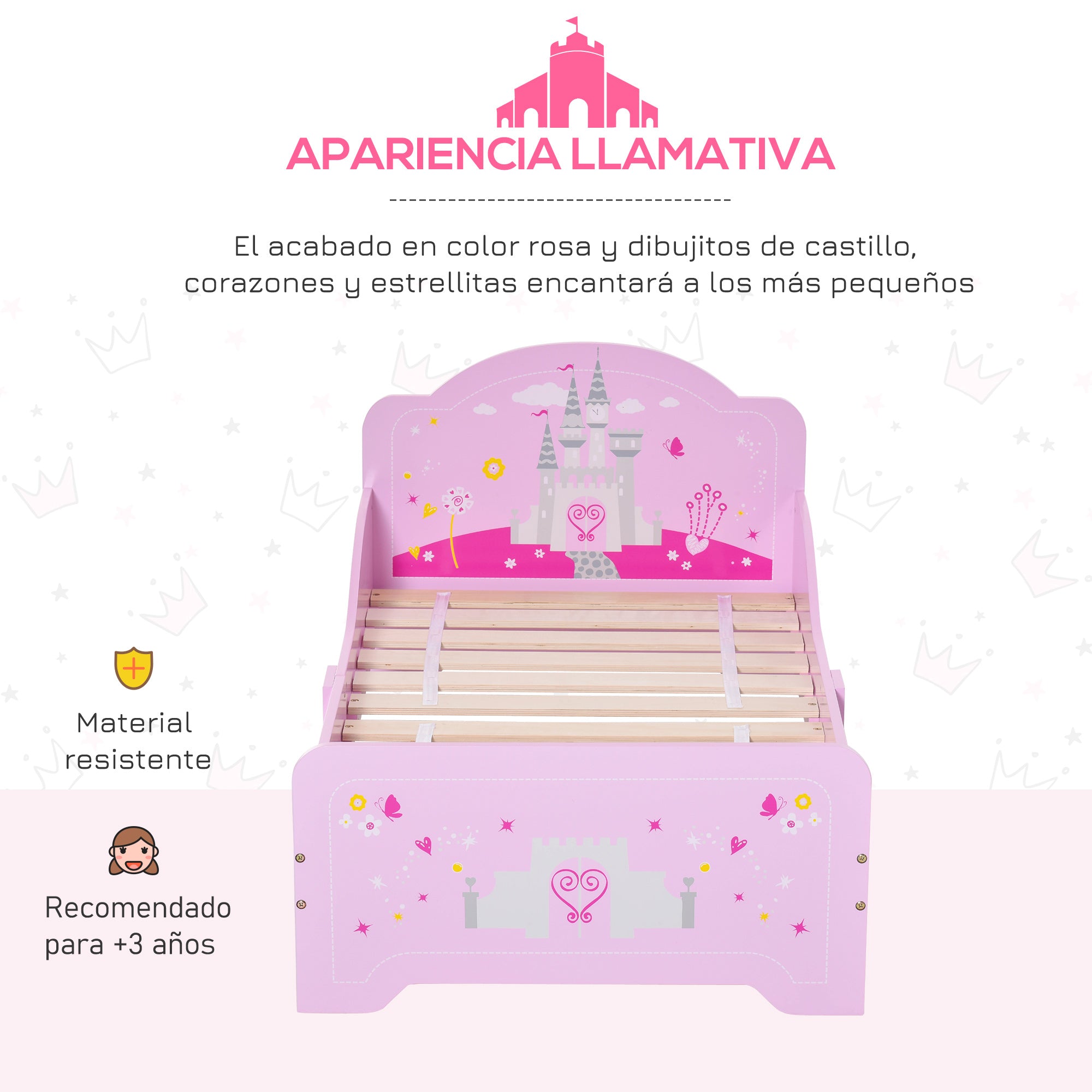 Children's Bed for +3 Years Kids Wooden Bed with Safety Rails Max Load 110 lbs 143x73x60 cm Pink