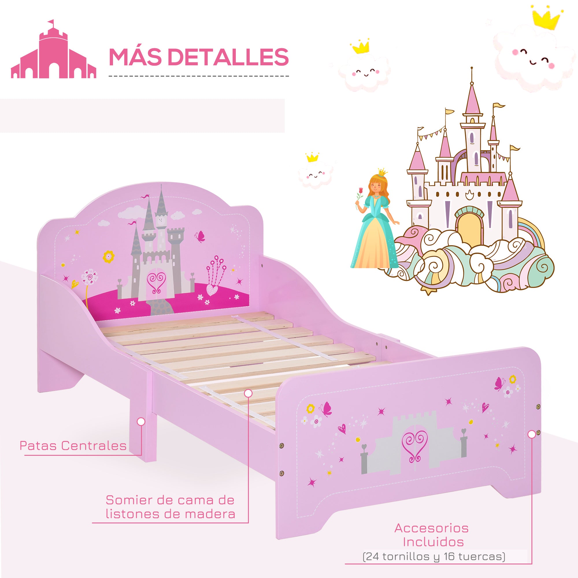 Children's Bed for +3 Years Kids Wooden Bed with Safety Rails Max Load 110 lbs 143x73x60 cm Pink