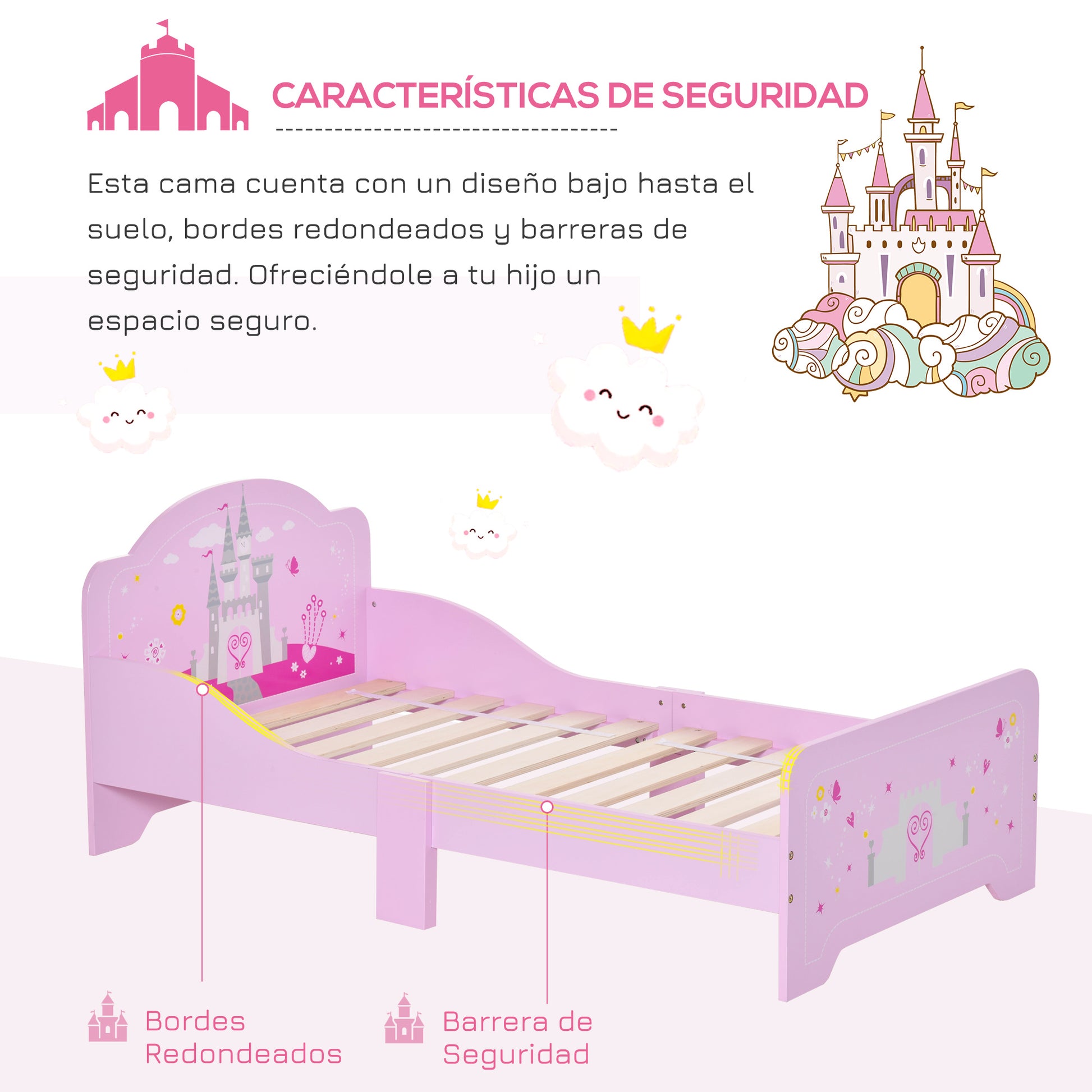 Children's Bed for +3 Years Kids Wooden Bed with Safety Rails Max Load 110 lbs 143x73x60 cm Pink