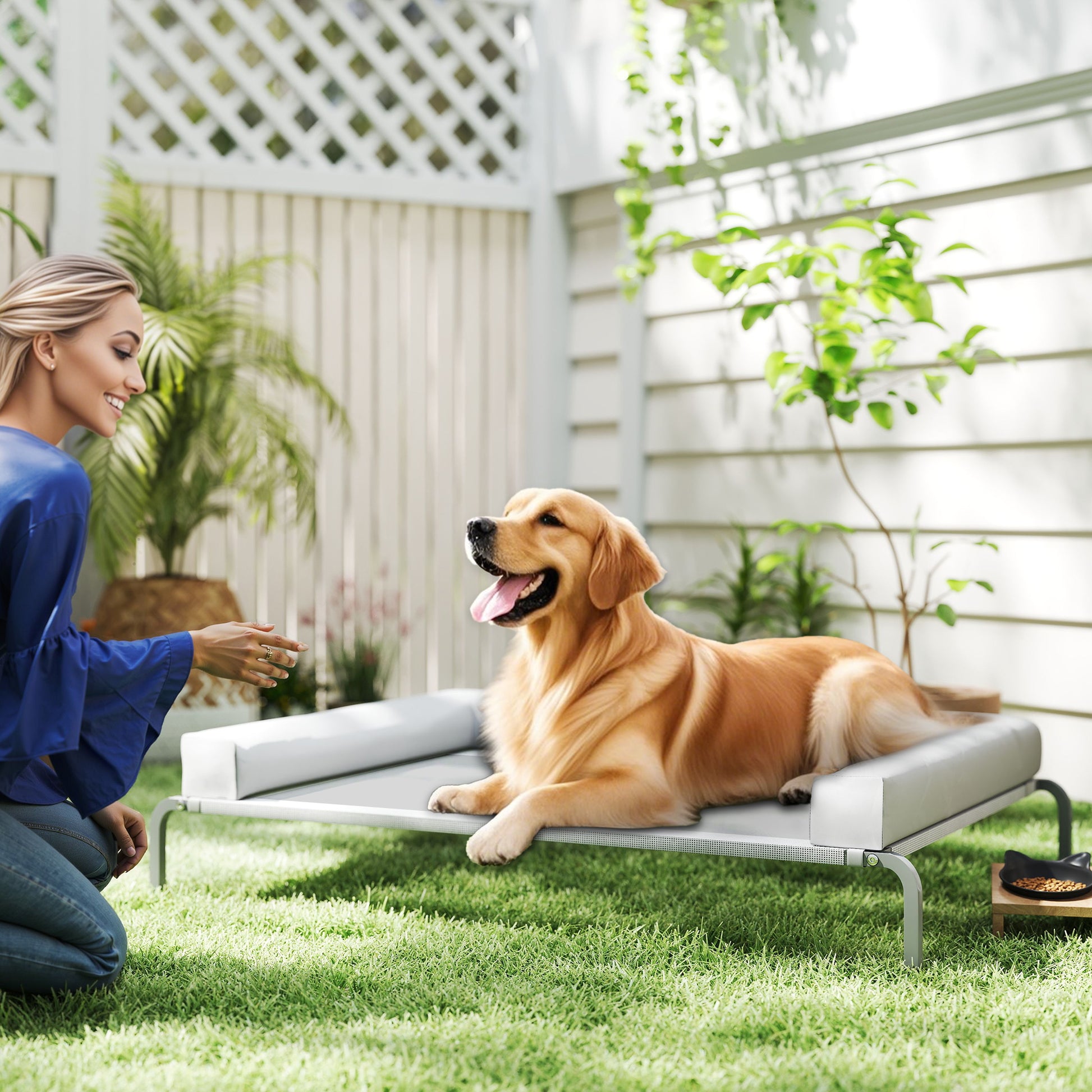 Refreshing Elevated Dog Bed with Removable Reinforcements Large Portable Breathable Mesh Steel Frame for Indoor Outdoor 51x35x12 inches Light Gray