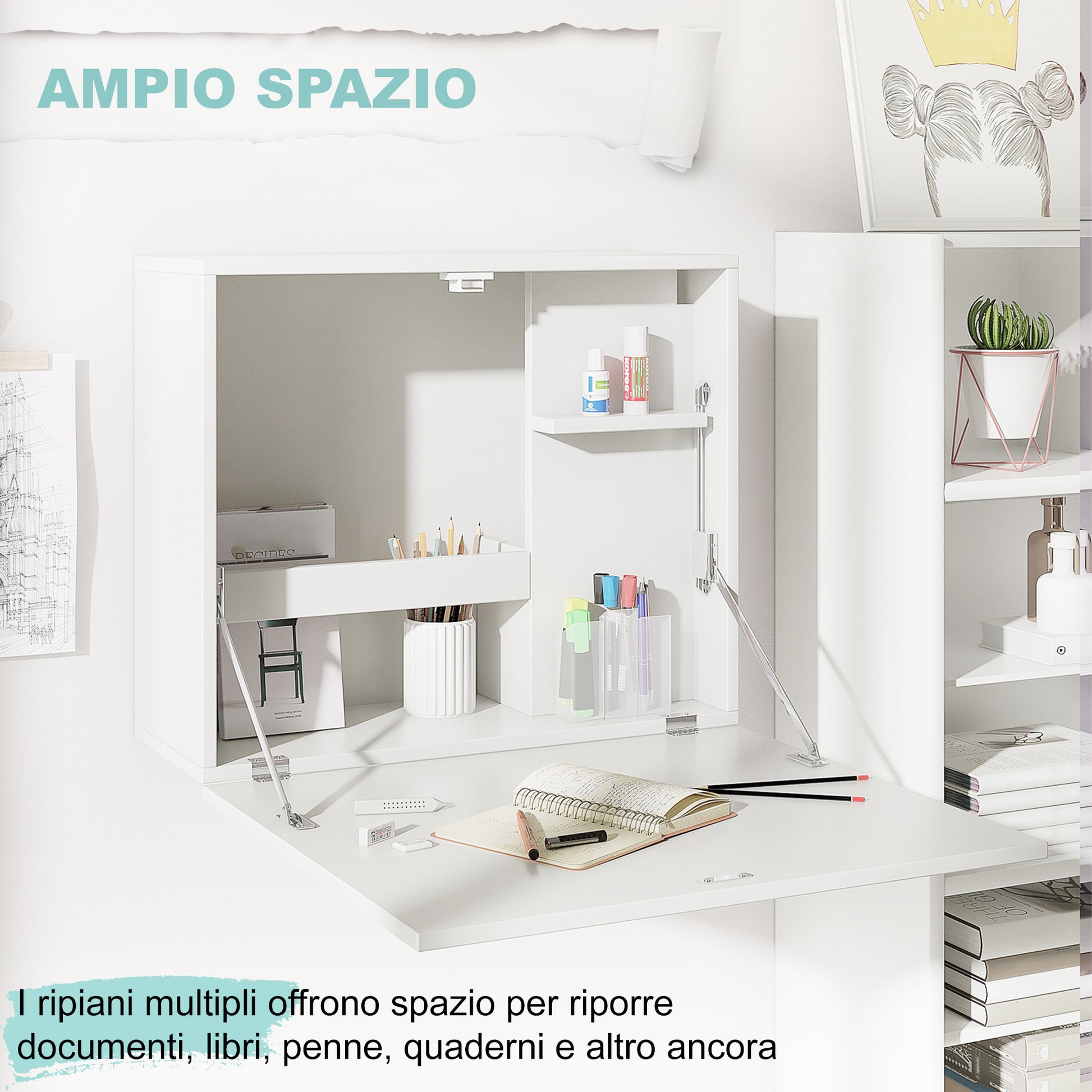 Wall-Mounted Folding Desk Space-Saving with Shelves, for Study, Living Room, and Office, in Chipboard and MDF, 60x21.5x50 cm, White