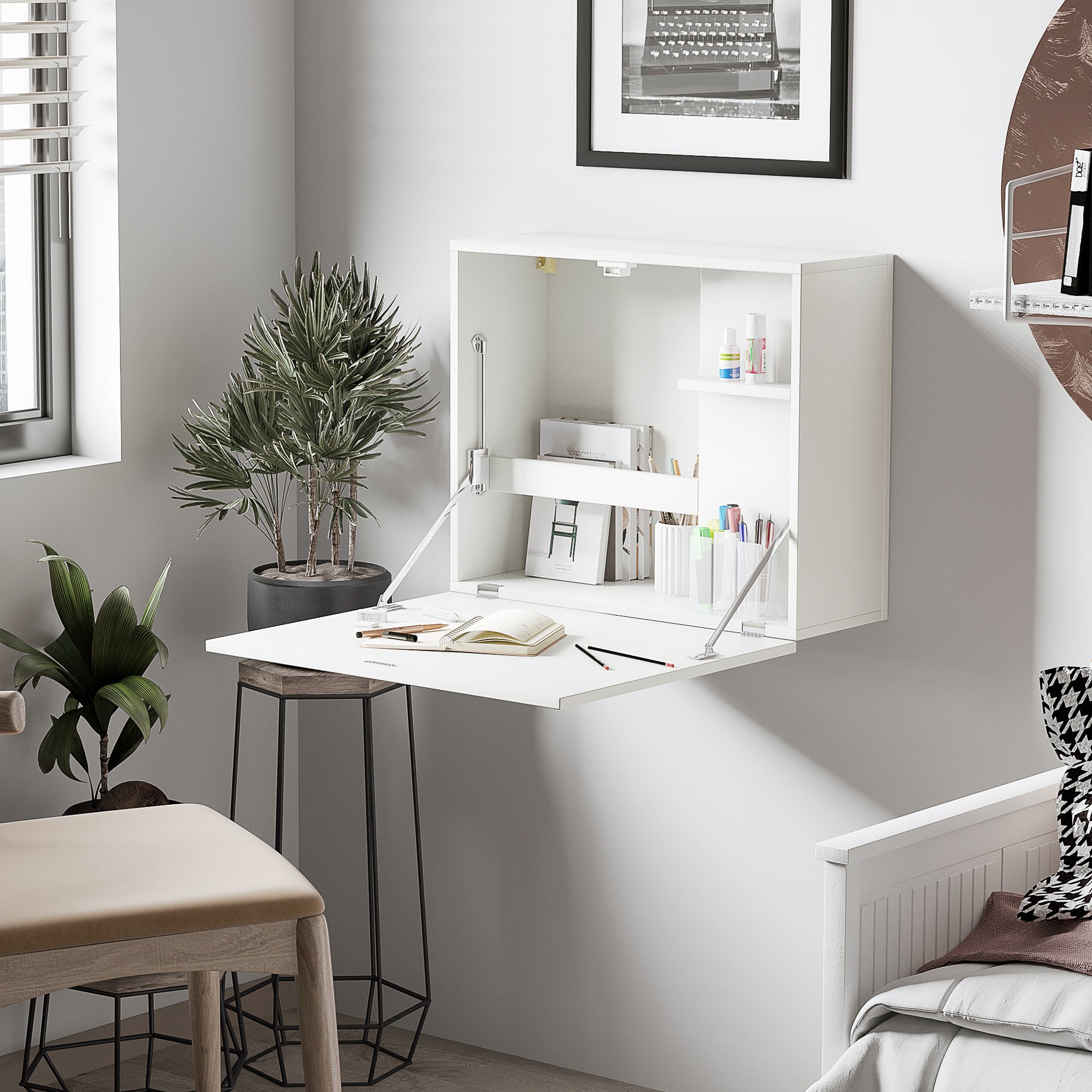 Wall-Mounted Folding Desk Space-Saving with Shelves, for Study, Living Room, and Office, in Chipboard and MDF, 60x21.5x50 cm, White