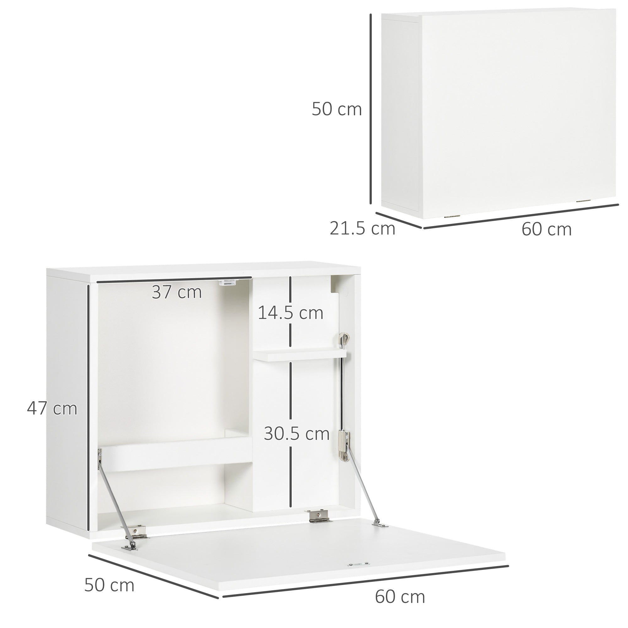 Wall-Mounted Folding Desk Space-Saving with Shelves, for Study, Living Room, and Office, in Chipboard and MDF, 60x21.5x50 cm, White