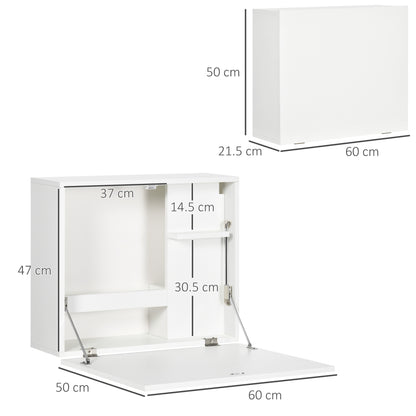 Wall-Mounted Folding Desk Space-Saving with Shelves, for Study, Living Room, and Office, in Chipboard and MDF, 60x21.5x50 cm, White