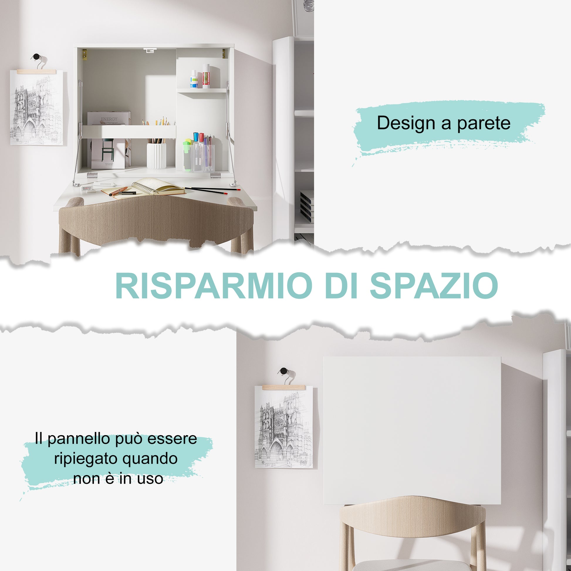Wall-Mounted Folding Desk Space-Saving with Shelves, for Study, Living Room, and Office, in Chipboard and MDF, 60x21.5x50 cm, White