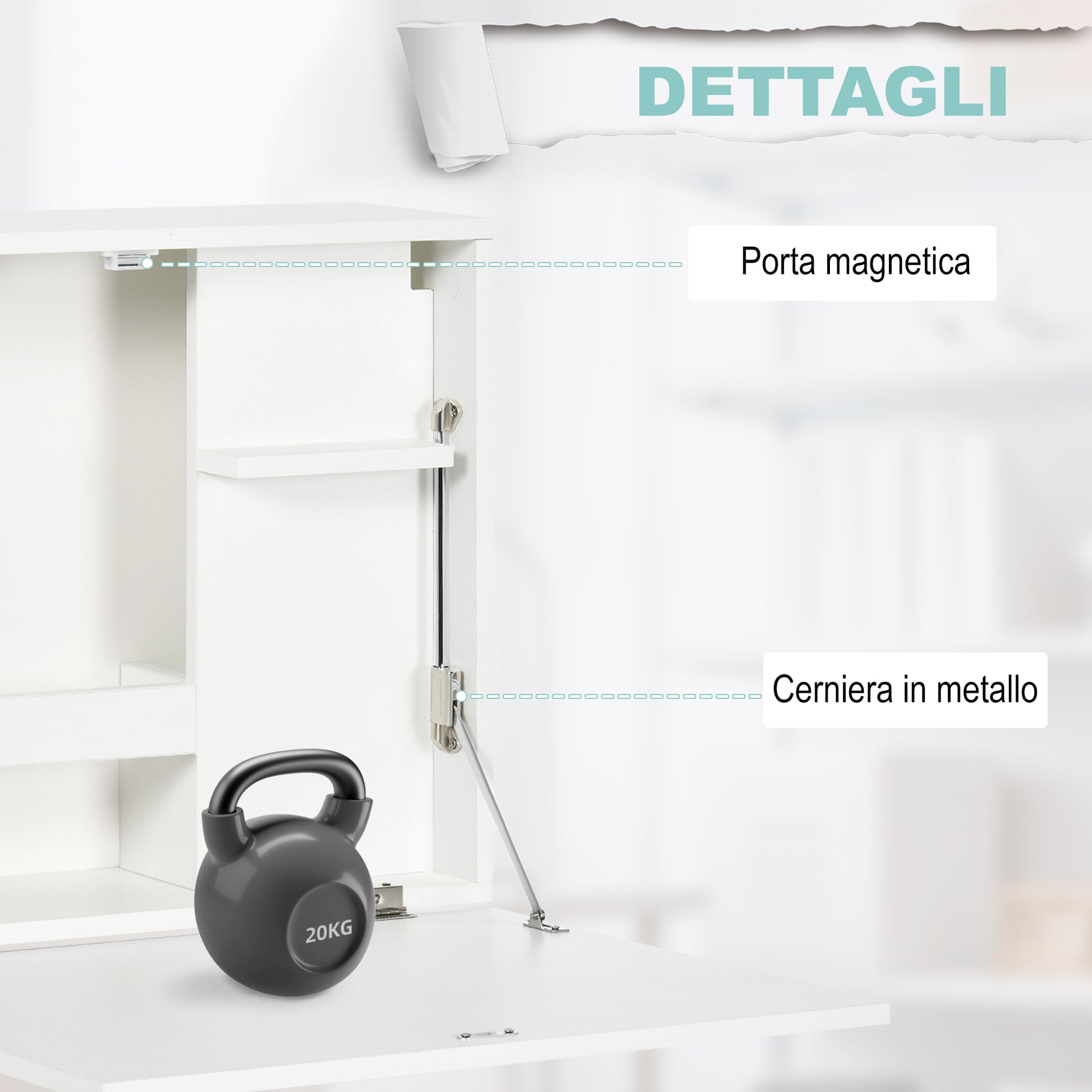 Wall-Mounted Folding Desk Space-Saving with Shelves, for Study, Living Room, and Office, in Chipboard and MDF, 60x21.5x50 cm, White