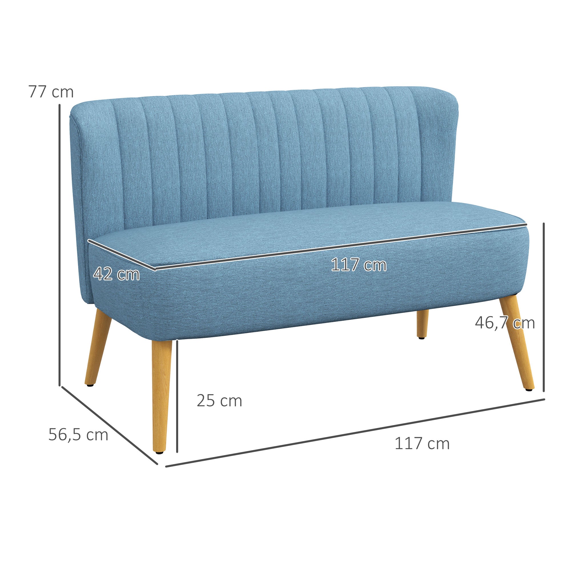 2-Seater Loveseat Sofa, Compact Linen-Look Upholstered Couch for Living Room, Bedroom, Small Spaces — Blue, 46.1 x 22.2 x 30.3 in