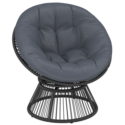 360° Swivel Papasan Chair — Round Polyrattan Lounger with Cushion, Steel Frame — Gray