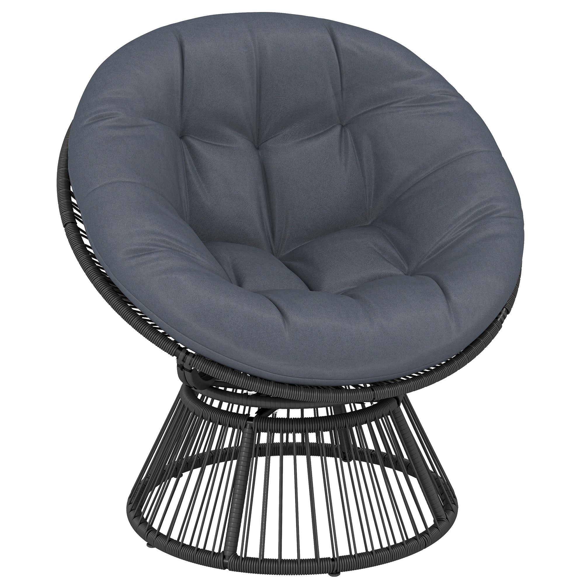 360° Swivel Papasan Chair — Round Polyrattan Lounger with Cushion, Steel Frame — Gray