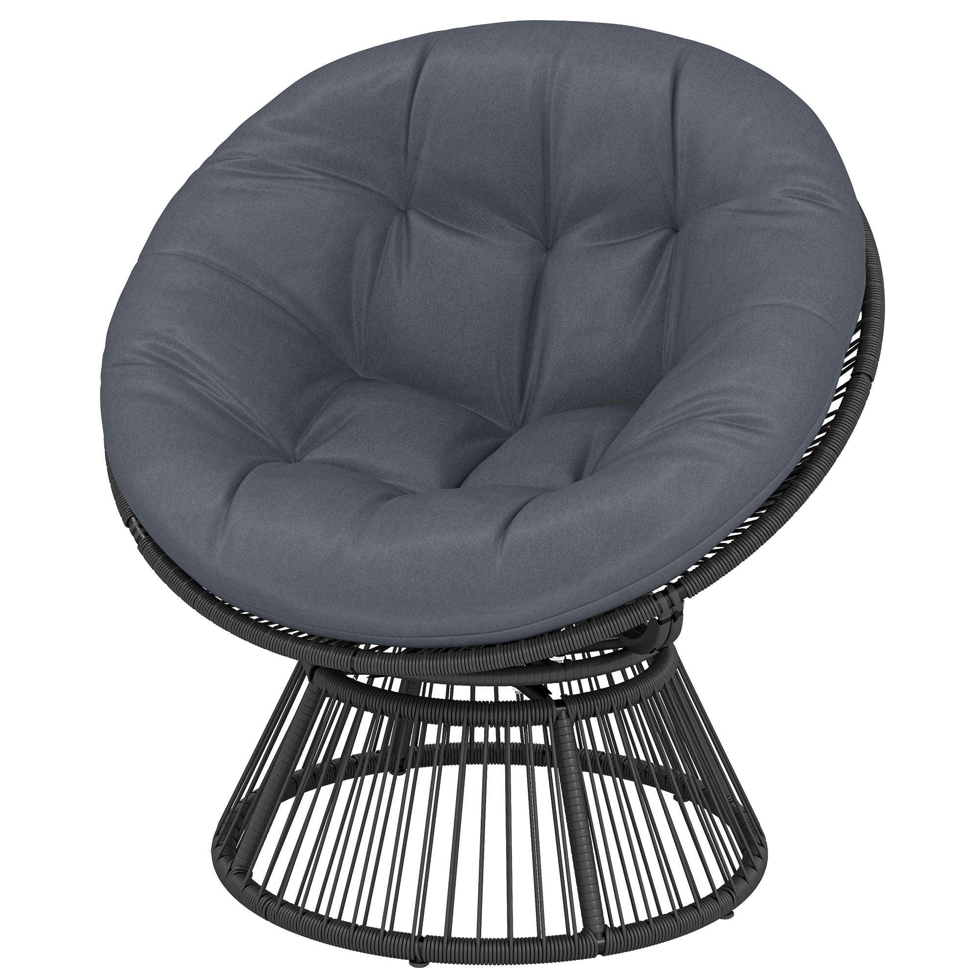 360° Swivel Papasan Chair — Round Polyrattan Lounger with Cushion, Steel Frame — Gray