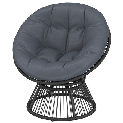 360° Swivel Papasan Chair — Round Polyrattan Lounger with Cushion, Steel Frame — Gray