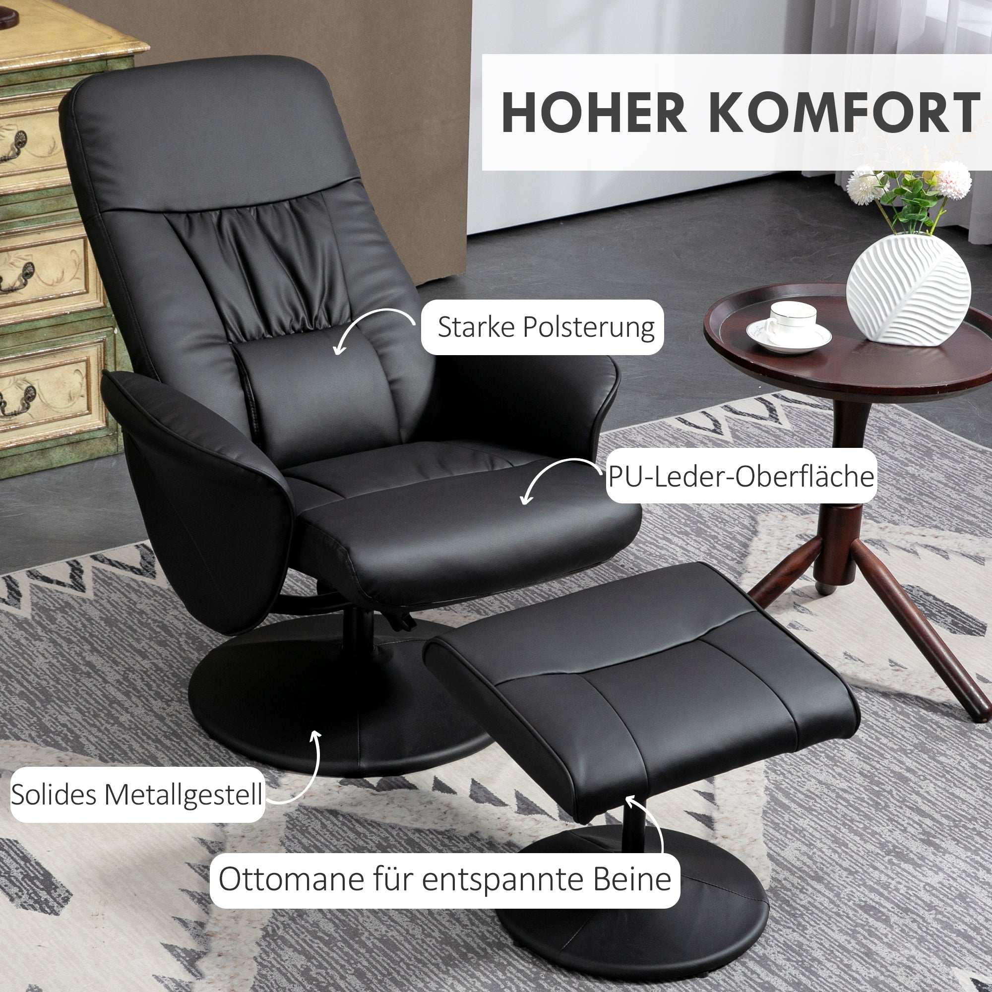 Recliner Chair with Ottoman, TV Recliner, TV Chair with Reclining Function, Swivel Upholstered Chair for Living Room, Bedroom, up to 160 kg, Faux Leather, Black