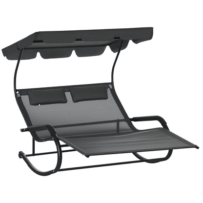 Double Sun Lounger Swing Bench with Sun Canopy, Swivel Chair with Rollers, Sun Lounger with Head Pillow, 220kg Load, for 2 Persons, Dark Grey, 200x139x140cm