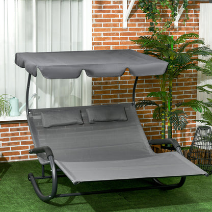 Double Sun Lounger Swing Bench with Sun Canopy, Swivel Chair with Rollers, Sun Lounger with Head Pillow, 220kg Load, for 2 Persons, Dark Grey, 200x139x140cm