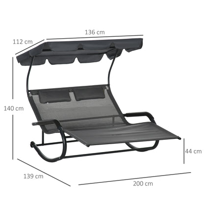 Double Sun Lounger Swing Bench with Sun Canopy, Swivel Chair with Rollers, Sun Lounger with Head Pillow, 220kg Load, for 2 Persons, Dark Grey, 200x139x140cm