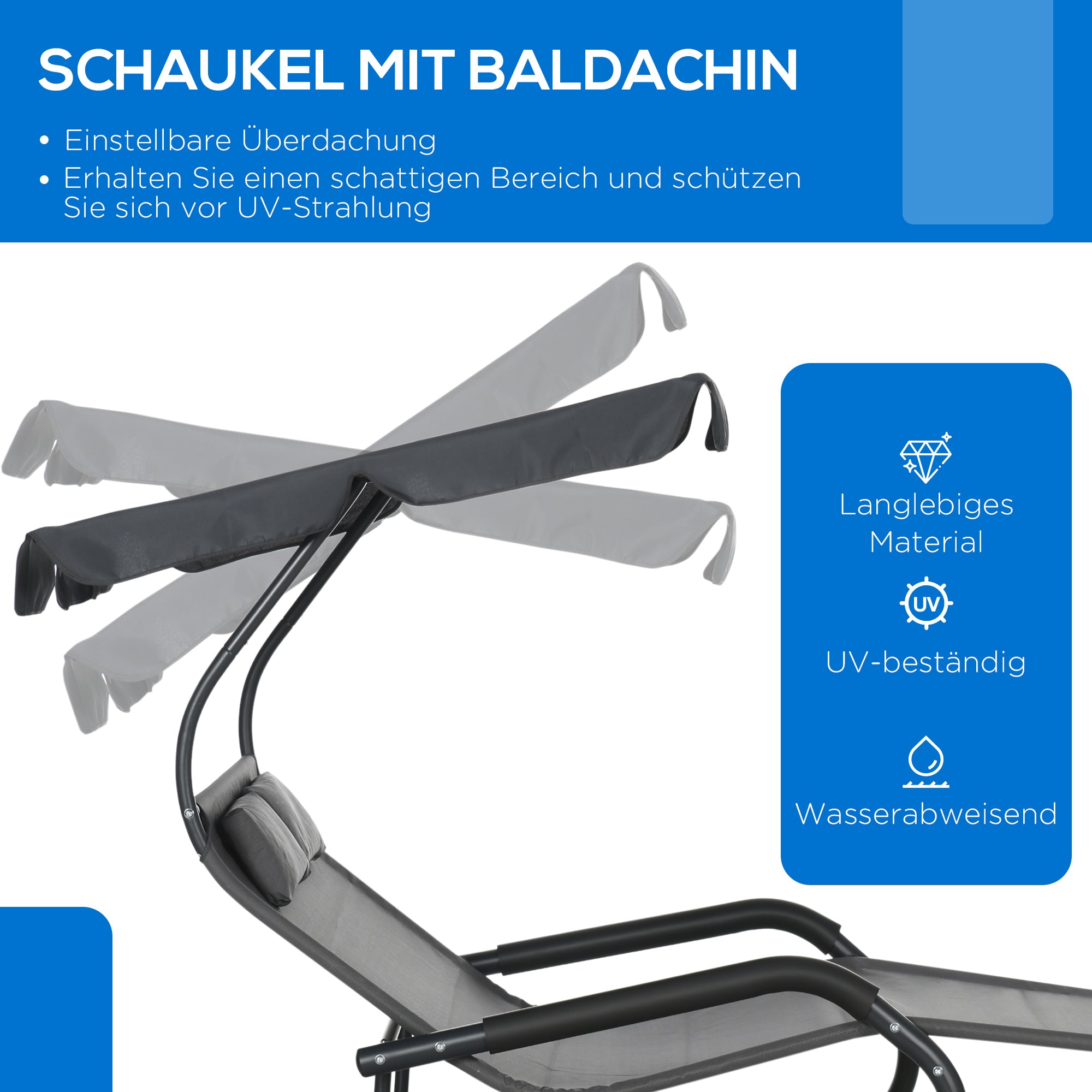 Double Sun Lounger Swing Bench with Sun Canopy, Swivel Chair with Rollers, Sun Lounger with Head Pillow, 220kg Load, for 2 Persons, Dark Grey, 200x139x140cm