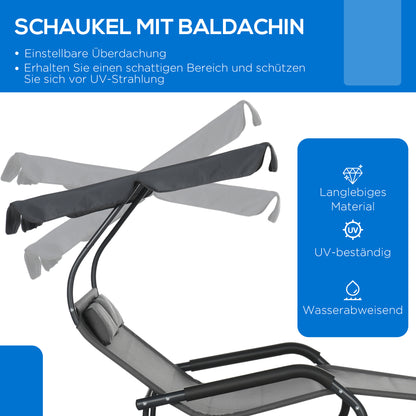 Double Sun Lounger Swing Bench with Sun Canopy, Swivel Chair with Rollers, Sun Lounger with Head Pillow, 220kg Load, for 2 Persons, Dark Grey, 200x139x140cm