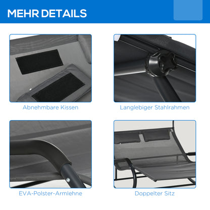 Double Sun Lounger Swing Bench with Sun Canopy, Swivel Chair with Rollers, Sun Lounger with Head Pillow, 220kg Load, for 2 Persons, Dark Grey, 200x139x140cm